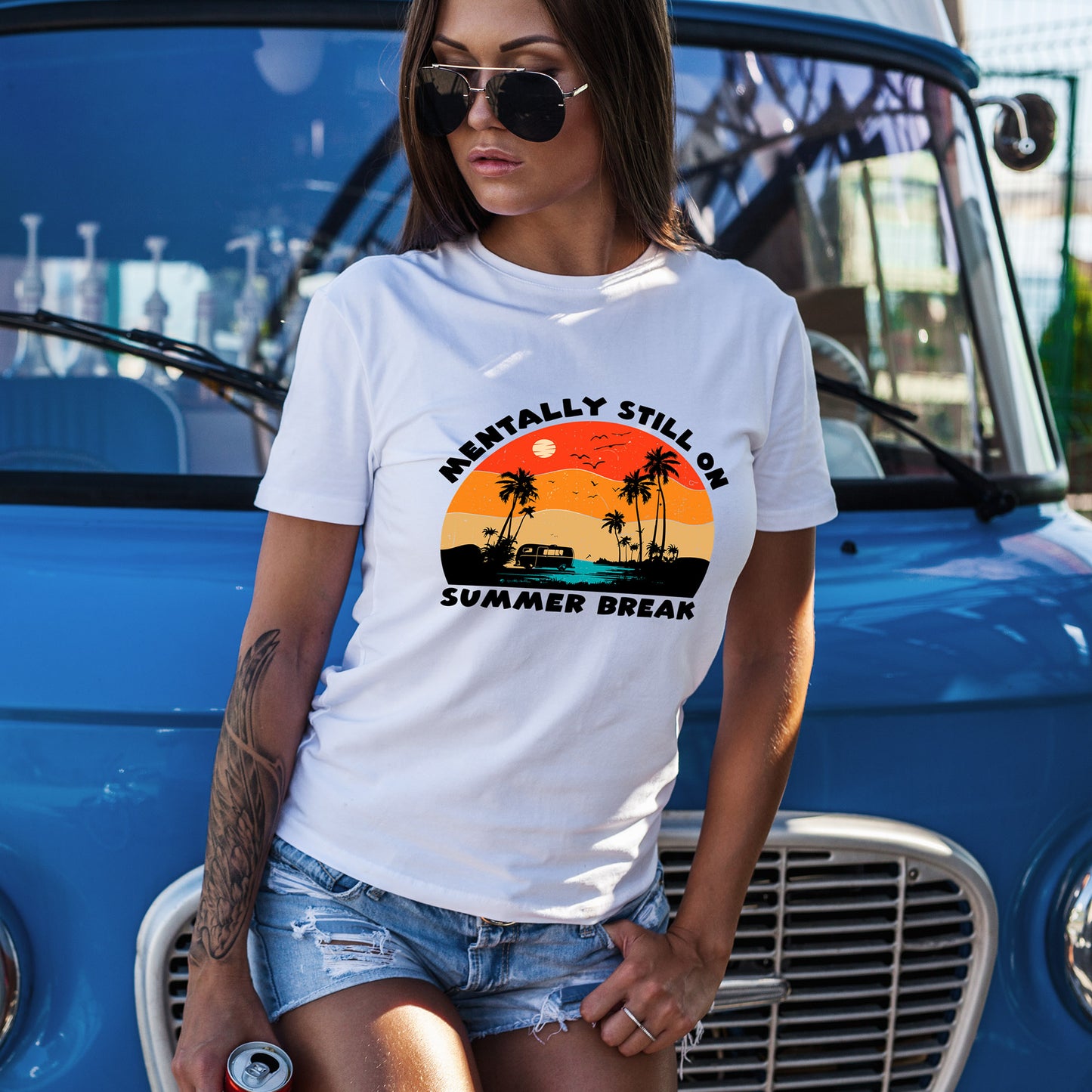Still on Summer Break Shirt - Funny Back to School Tee, Retro Sunset Vanlife Vibes, Mentally on Vacation Graphic Tee for Students & Teachers