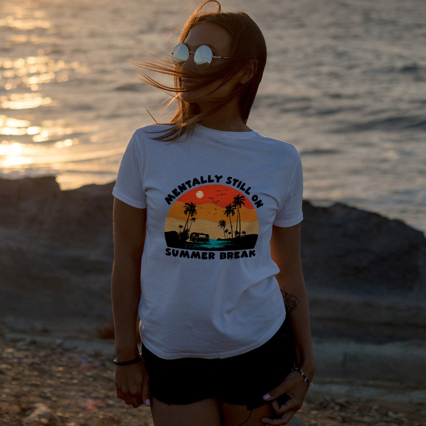 Still on Summer Break Shirt - Funny Back to School Tee, Retro Sunset Vanlife Vibes, Mentally on Vacation Graphic Tee for Students & Teachers