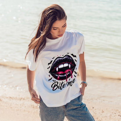 Bite Me Vampire Lips T-Shirt - Gothic Fangs & Bats Halloween Tee