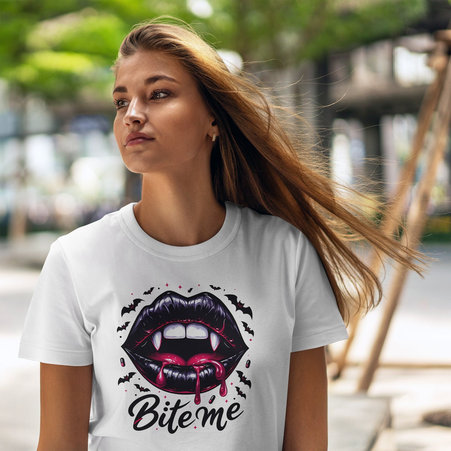 Bite Me Vampire Lips T-Shirt - Gothic Fangs & Bats Halloween Tee