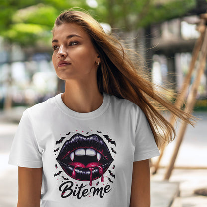 Bite Me Vampire Lips T-Shirt - Gothic Fangs & Bats Halloween Tee