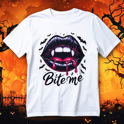 bite me vampire lips t-shirt - glossy fanged lips with bats and blood gothic halloween graphic