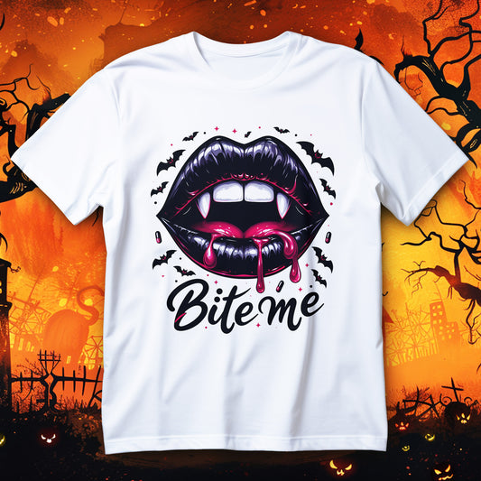 bite me vampire lips t-shirt - glossy fanged lips with bats and blood gothic halloween graphic