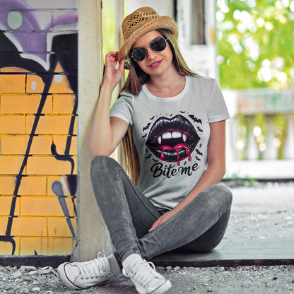 Bite Me Vampire Lips T-Shirt - Gothic Fangs & Bats Halloween Tee