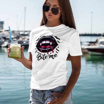 Bite Me Vampire Lips T-Shirt - Gothic Fangs & Bats Halloween Tee