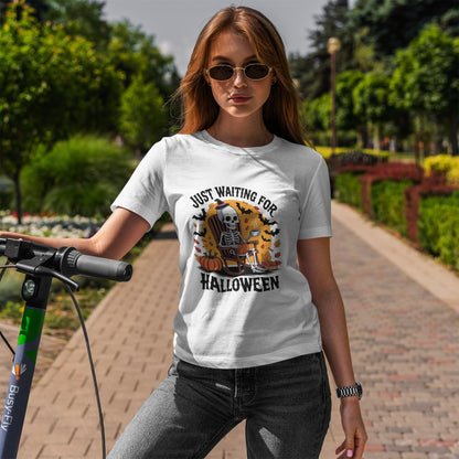 Just Waiting for Halloween T-Shirt - Skeleton Coffee Autumn Vibes Tee