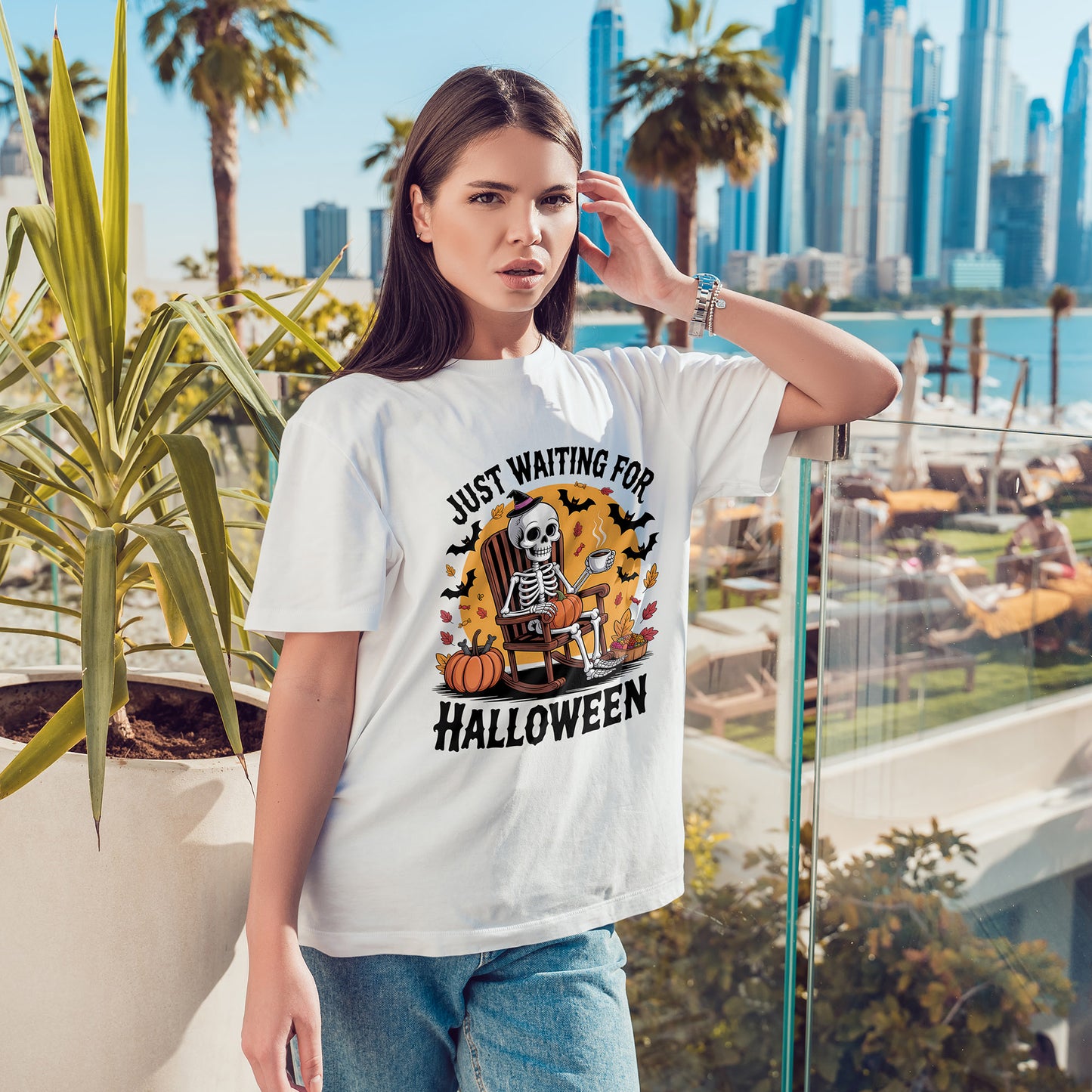 Just Waiting for Halloween T-Shirt - Skeleton Coffee Autumn Vibes Tee