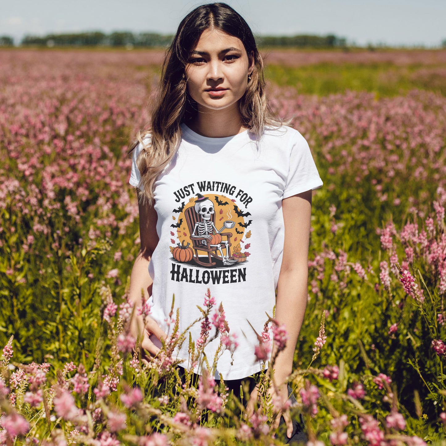 Just Waiting for Halloween T-Shirt - Skeleton Coffee Autumn Vibes Tee