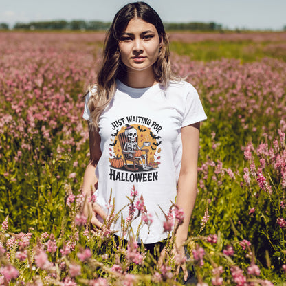 Just Waiting for Halloween T-Shirt - Skeleton Coffee Autumn Vibes Tee