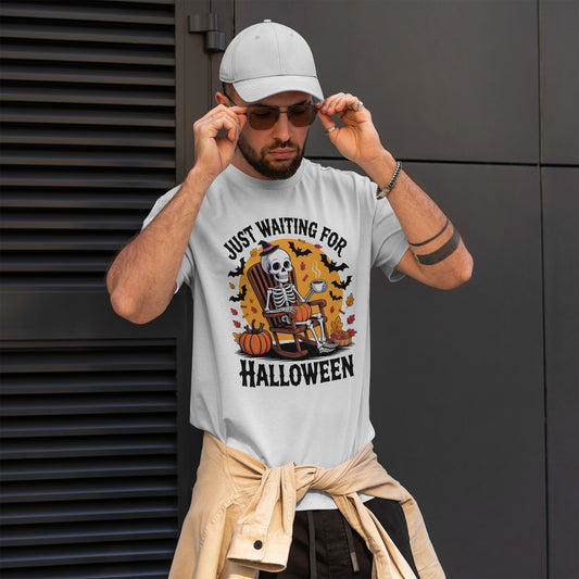 Just Waiting for Halloween T-Shirt - Skeleton Coffee Autumn Vibes Tee
