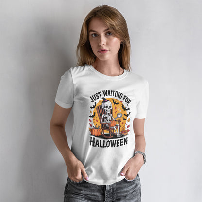 Just Waiting for Halloween T-Shirt - Skeleton Coffee Autumn Vibes Tee