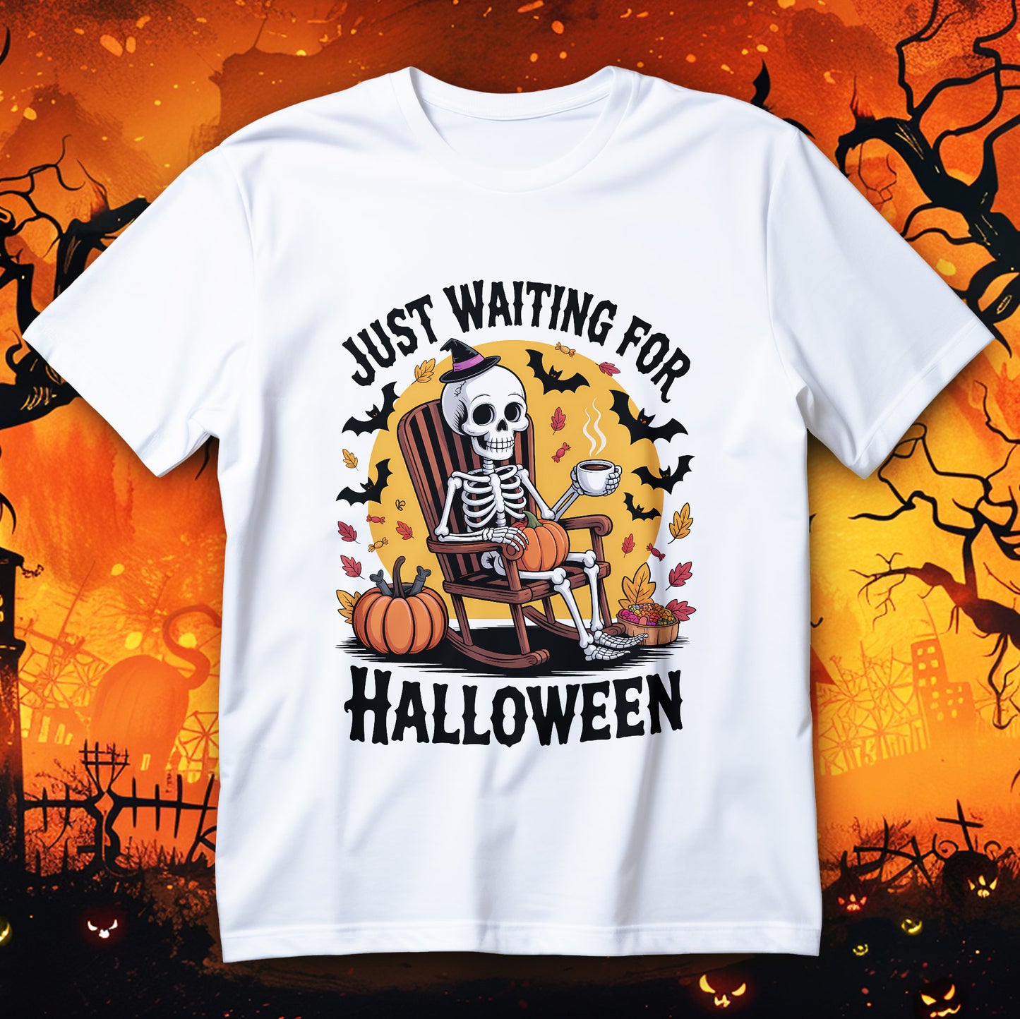 just waiting for halloween t-shirt - skeleton in rocking chair holding coffee with pumpkins bats candy and fall leaves
