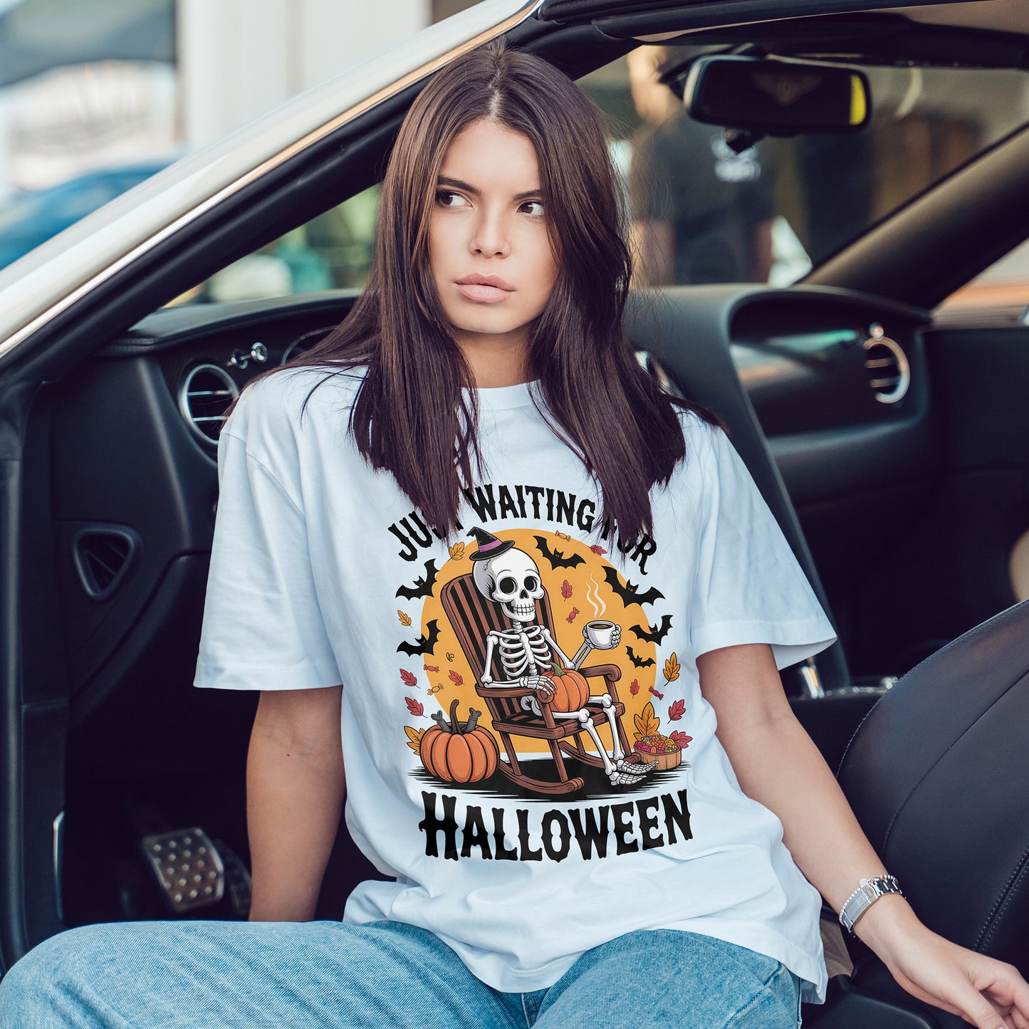 Just Waiting for Halloween T-Shirt - Skeleton Coffee Autumn Vibes Tee