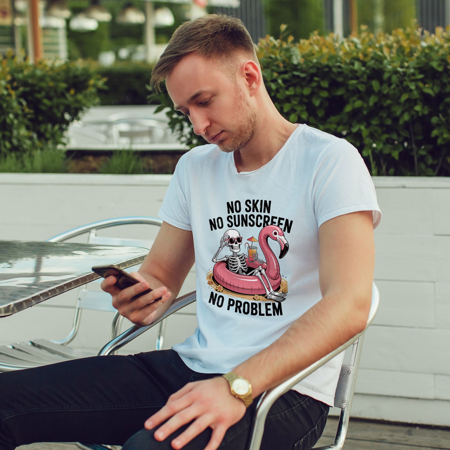 No Skin No Sunscreen T-Shirt - Skeleton Flamingo Summer Tee