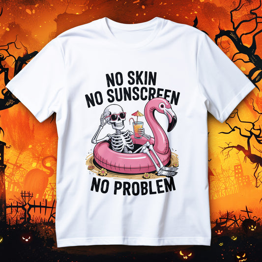 no skin no sunscreen t-shirt - skeleton lounging in pink flamingo float with tropical drink