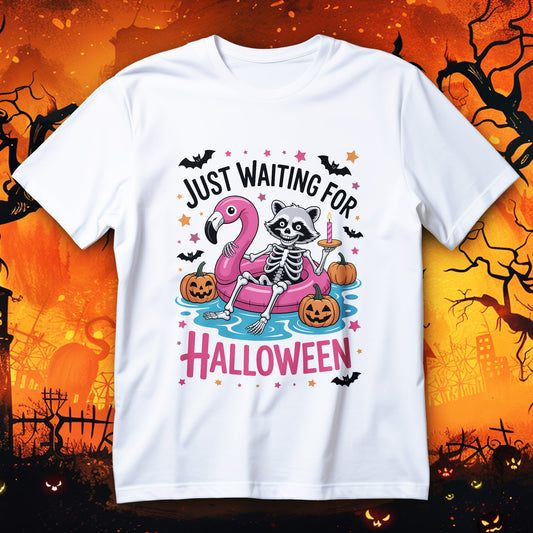 just waiting for halloween t-shirt - skeleton raccoon in pink flamingo float with pumpkins and splashes
