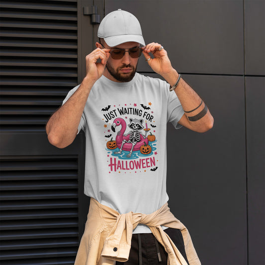 Just Waiting for Halloween T-Shirt - Raccoon Skeleton Flamingo Tee