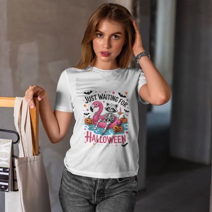 Just Waiting for Halloween T-Shirt - Raccoon Skeleton Flamingo Tee