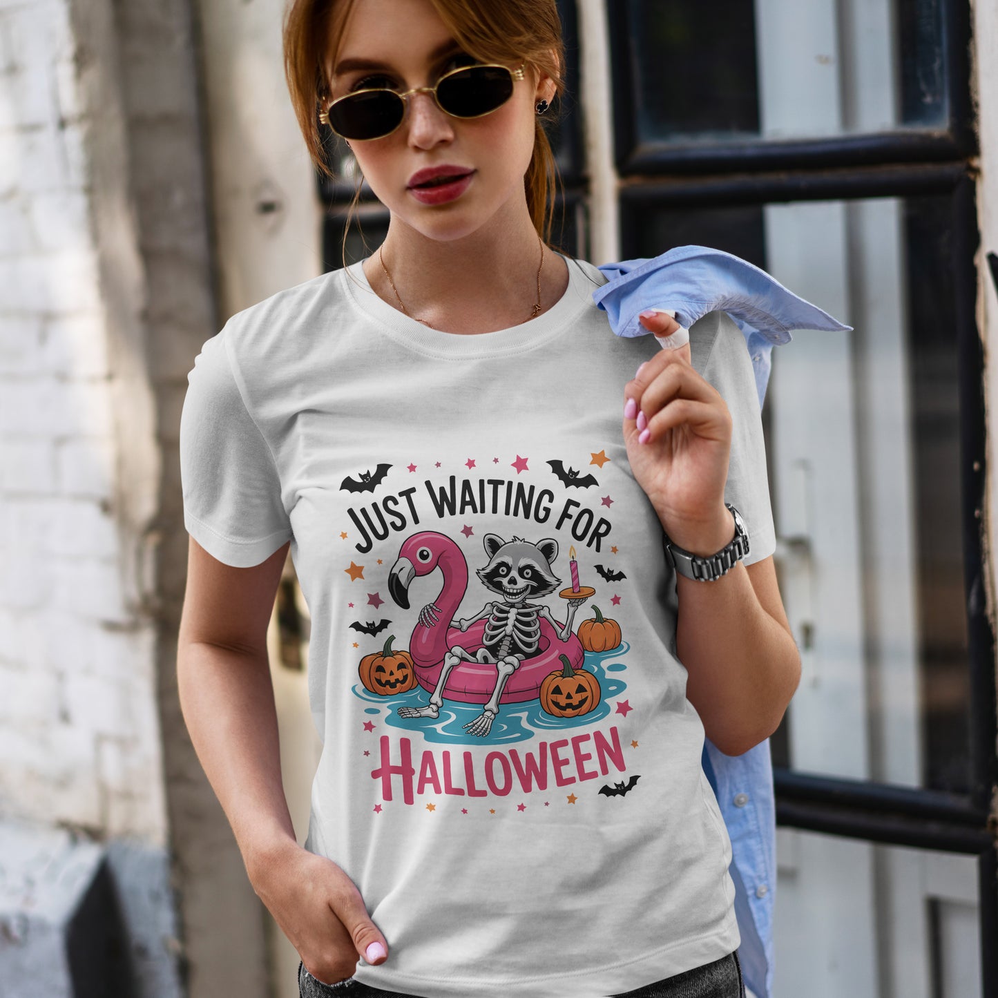 Just Waiting for Halloween T-Shirt - Raccoon Skeleton Flamingo Tee
