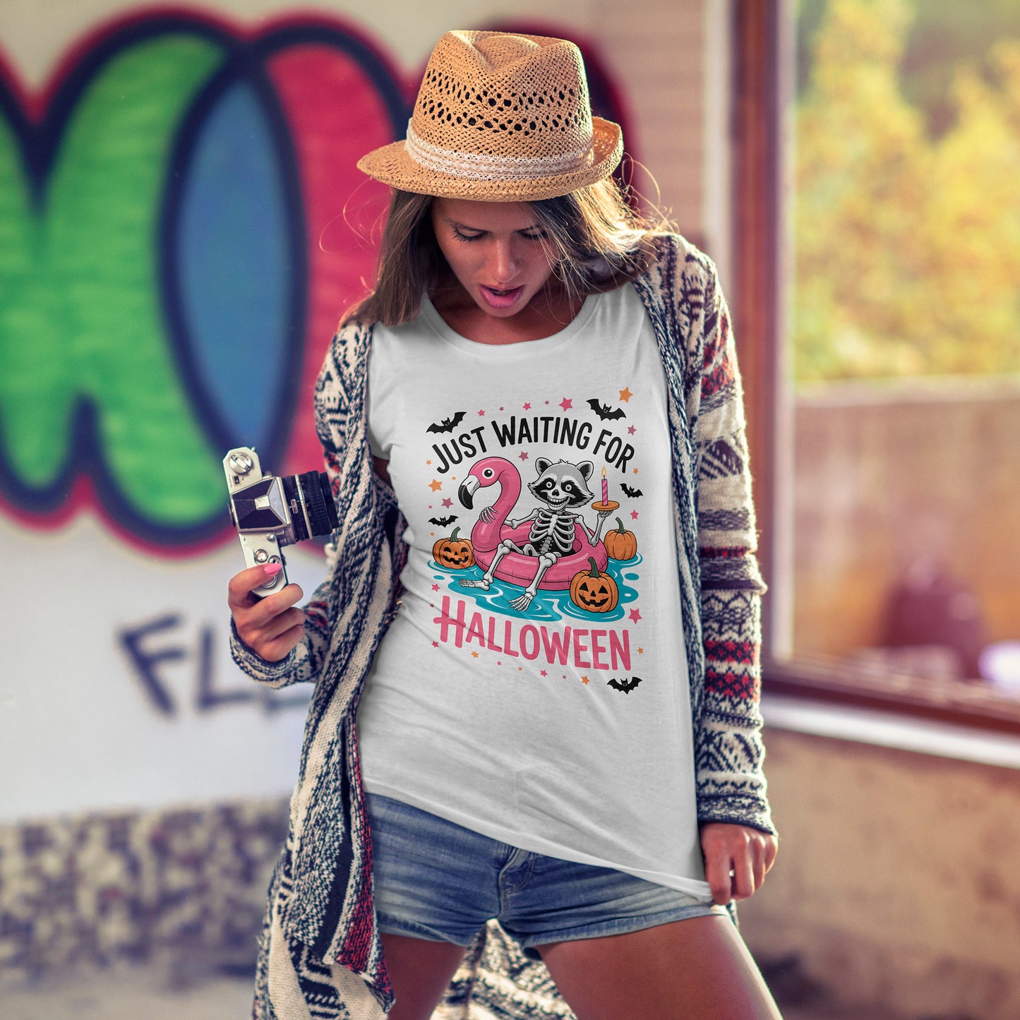 Just Waiting for Halloween T-Shirt - Raccoon Skeleton Flamingo Tee