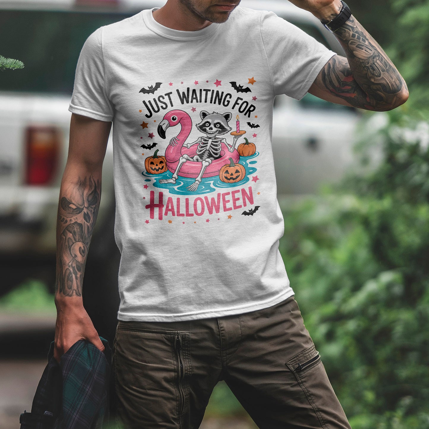 Just Waiting for Halloween T-Shirt - Raccoon Skeleton Flamingo Tee