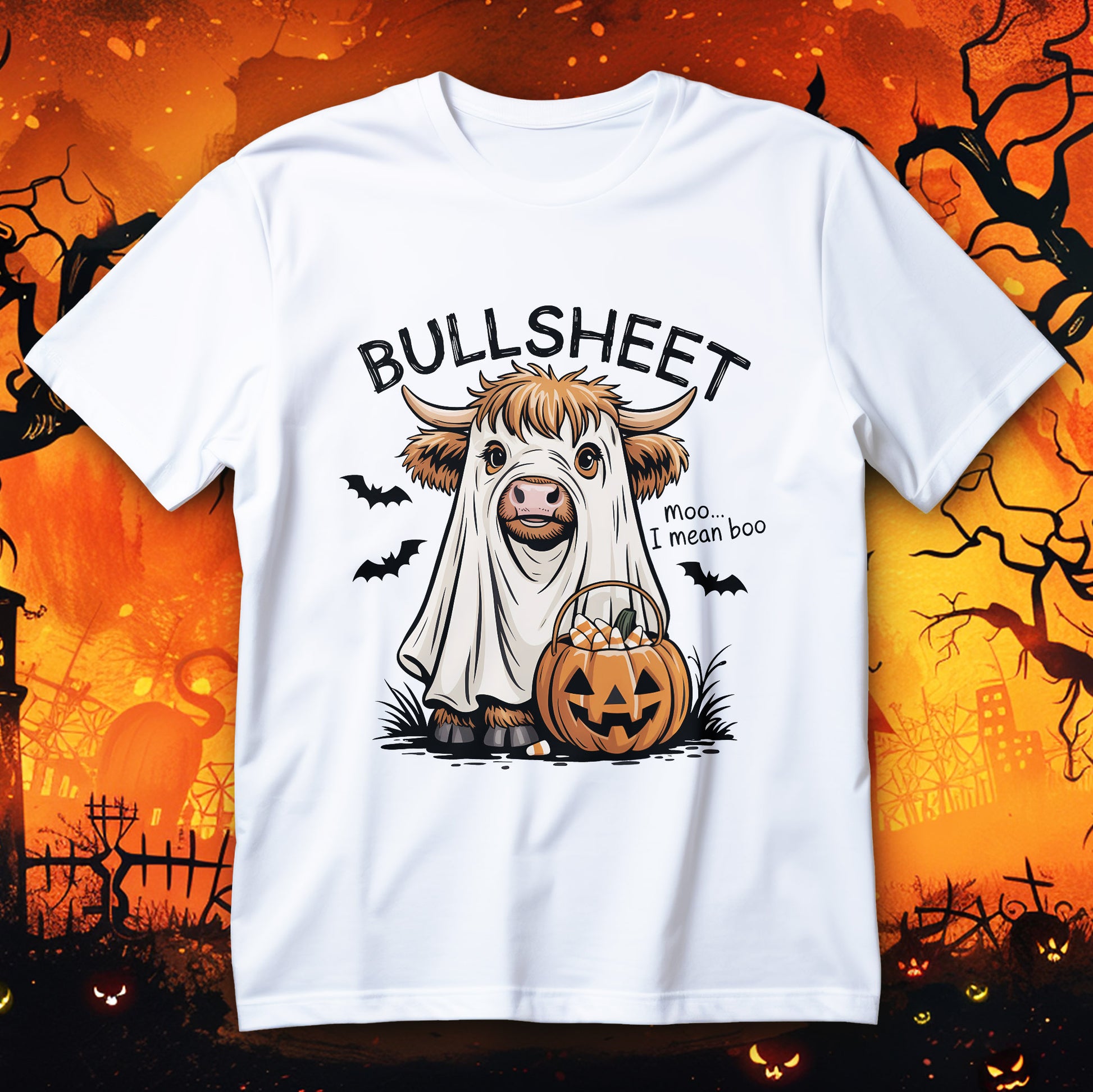 funny highland cow halloween t-shirt - ghost costume cow holding pumpkin candy bucket