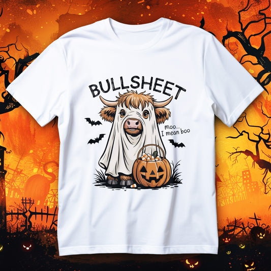 funny highland cow halloween t-shirt - ghost costume cow holding pumpkin candy bucket