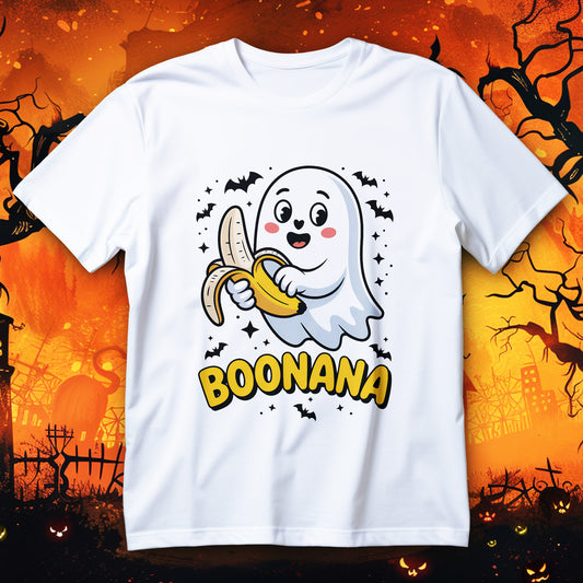 boonana ghost t-shirt - cute halloween ghost holding peeled banana pun graphic