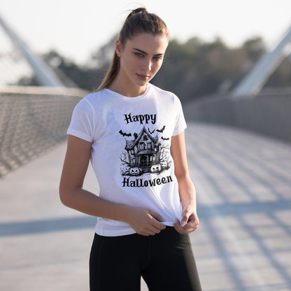 Vintage Haunted House Halloween T-Shirt - Gothic Pumpkins & Bats Tee
