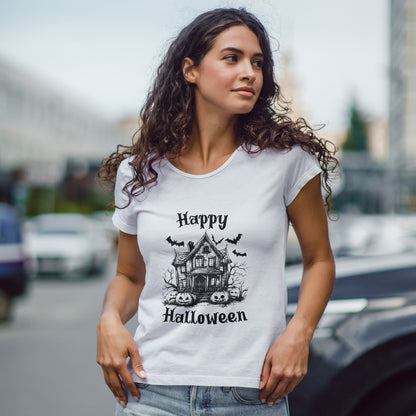 Vintage Haunted House Halloween T-Shirt - Gothic Pumpkins & Bats Tee