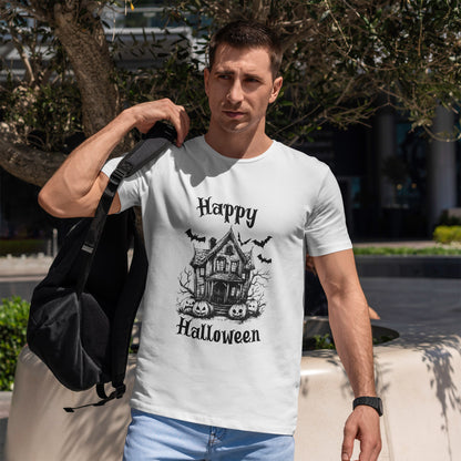 Vintage Haunted House Halloween T-Shirt - Gothic Pumpkins & Bats Tee