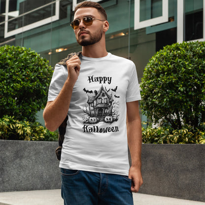 Vintage Haunted House Halloween T-Shirt - Gothic Pumpkins & Bats Tee
