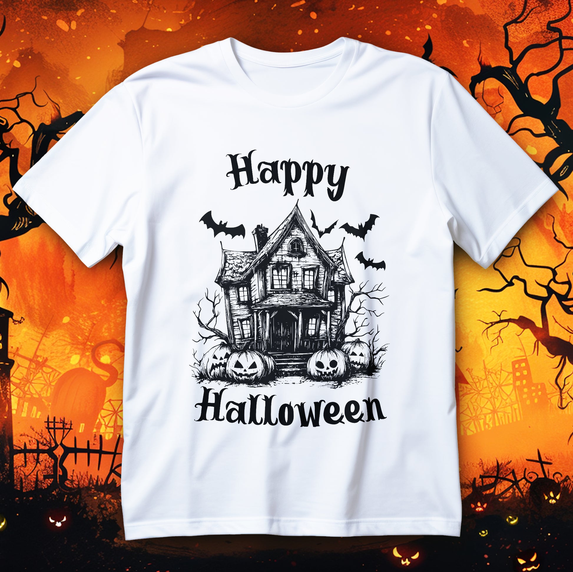 vintage haunted house halloween t-shirt - gothic sketch with bats pumpkins and bare trees