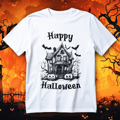vintage haunted house halloween t-shirt - gothic sketch with bats pumpkins and bare trees