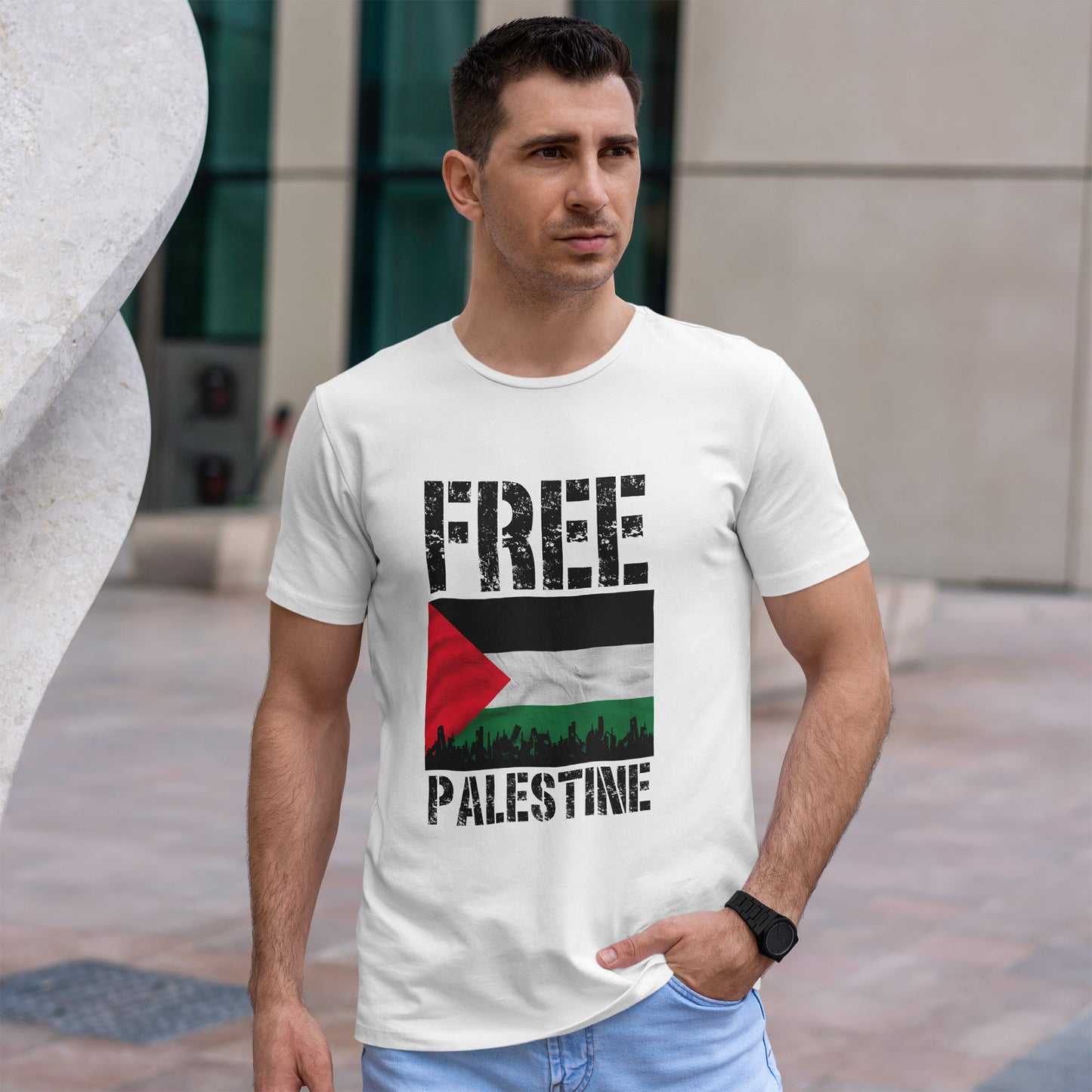 Palästinensisches Flaggen-Shirt mit Stadt-Skyline - Free Palestine Tee, Urban Grunge Protest T-Shirt für Aktivisten &amp; Menschenrechtsunterstützer