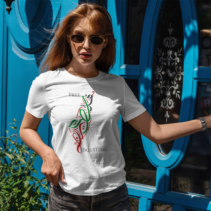 Free Palestine Map T-Shirt - Artistic Palestinian Calligraphy Solidarity Tee