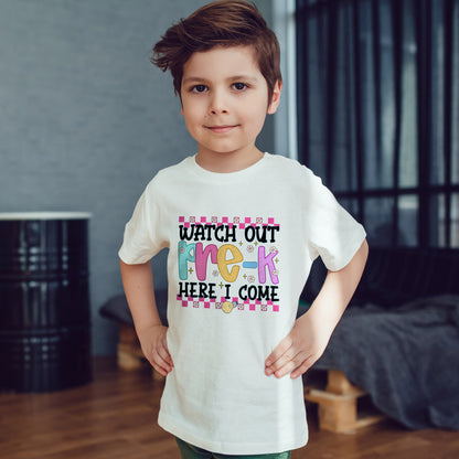 Watch Out Pre-K Shirt - Cute Toddler Back to School Tee, Preschool Here I Come Shirt for Kids, Colorful First Day of Pre-K Outfit