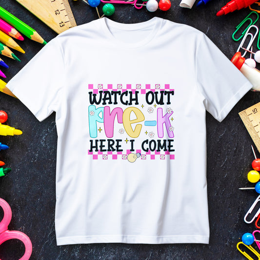 Watch Out Pre-K Shirt - Cute Toddler Back to School Tee, Preschool Here I Come Shirt for Kids, Colorful First Day of Pre-K Outfit