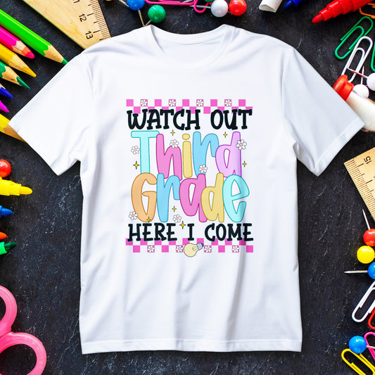 Watch Out Third Grade Shirt - Colorful Kids Back to School Tee, Heavy Cotton T-Shirt for 3rd Grade, First Day of School Outfit