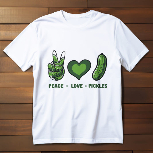 Peace Love Pickles Shirt - Funny Pickle Lover Gift, Retro Cucumber T-Shirt for Women & Men, Foodie Snack Tee with Hippie Vibes