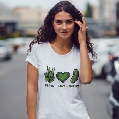 Peace Love Pickles Shirt - Funny Pickle Lover Gift, Retro Cucumber T-Shirt for Women & Men, Foodie Snack Tee with Hippie Vibes
