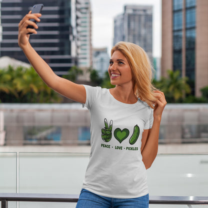 Peace Love Pickles Shirt - Funny Pickle Lover Gift, Retro Cucumber T-Shirt for Women & Men, Foodie Snack Tee with Hippie Vibes