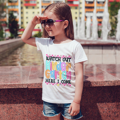 Watch Out Kindergarten Shirt - Fun Toddler Back to School Tee, Colorful First Day of Kindergarten Outfit, Here I Come Shirt for Kids