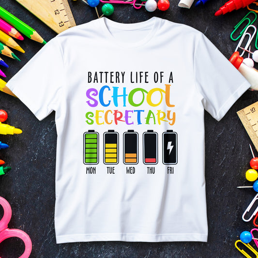 School Secretary Battery Shirt - Funny Rainbow Staff Tee for School Office Life, End of Year Exhaustion Gift for Secretaries