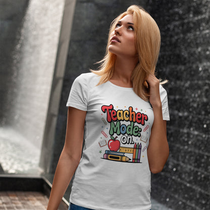 Teacher Mode On Shirt - Cute Back to School Tee with Crayons, Books & Apple, Positive Teacher Gift for Classroom Heroes