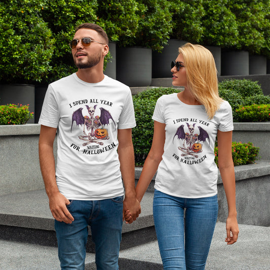 Bat Wing Skeleton with Pumpkin T-Shirt - Gothic Halloween Tee