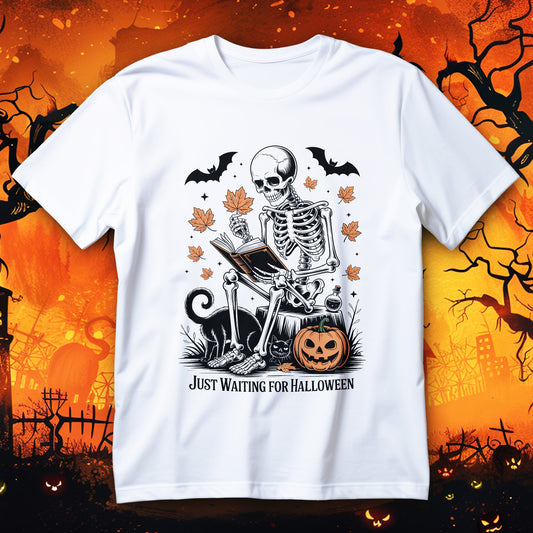 just waiting for halloween t-shirt - cozy skeleton reading with pumpkin black cat and autumn leaves