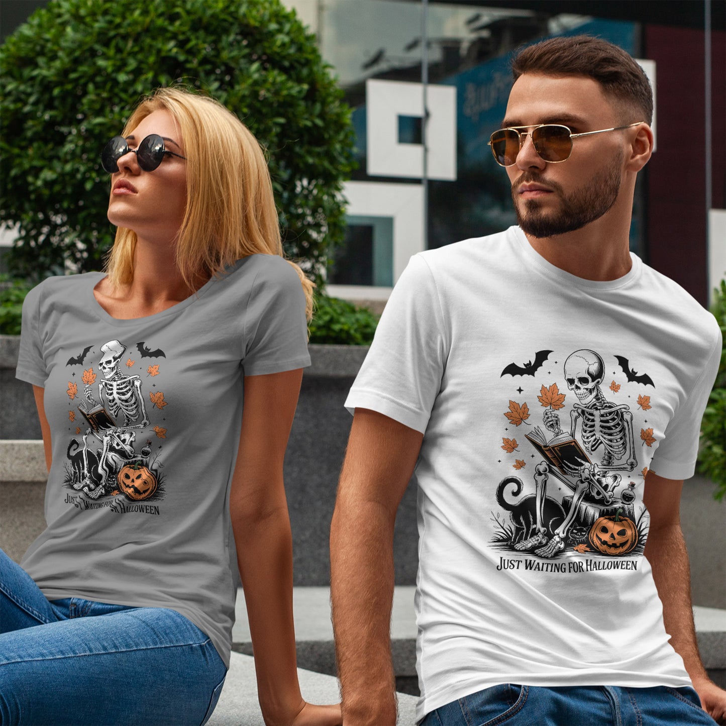 Just Waiting for Halloween T-Shirt - Cozy Spooky Skeleton Reading Tee