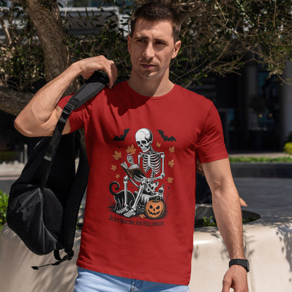 Just Waiting for Halloween T-Shirt - Cozy Spooky Skeleton Reading Tee