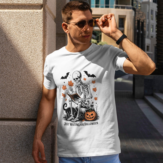 Just Waiting for Halloween T-Shirt - Cozy Spooky Skeleton Reading Tee